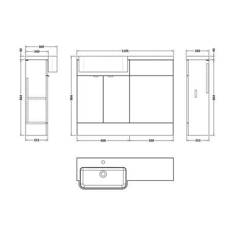 [BFDY3246] Alrewas Contemporary 2 Door Left-Hand Floor Standing Combination Unit with Basin, Pebble Grey, 1100mm - Technical Drawing