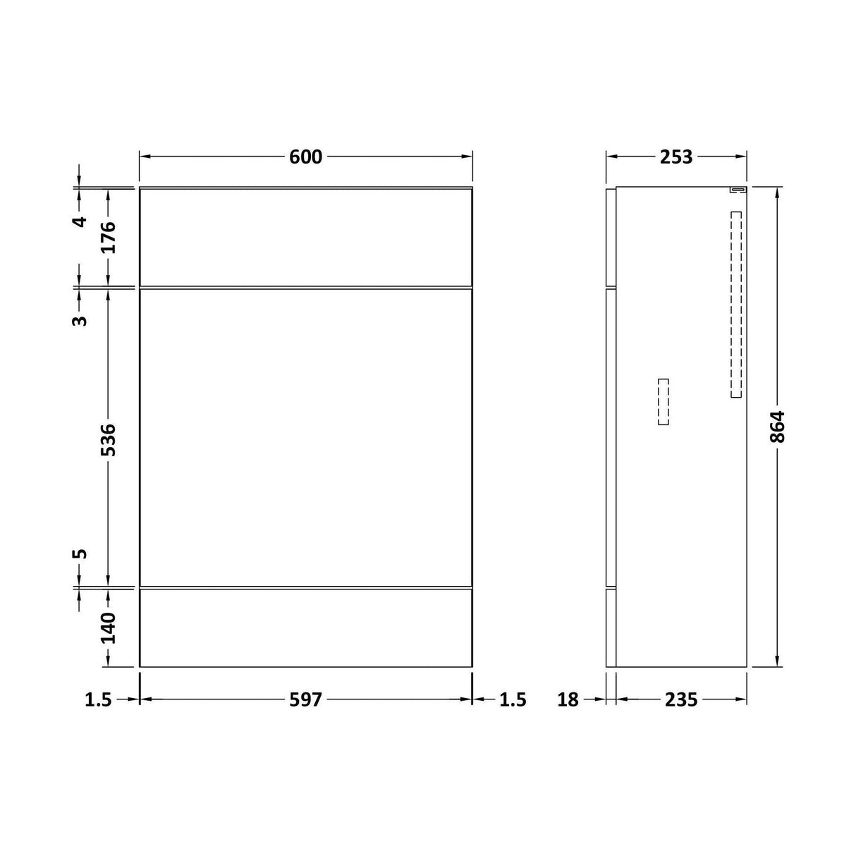 [BFDY3247] 600 WC Unit (255mm Deep) - Technical Drawing