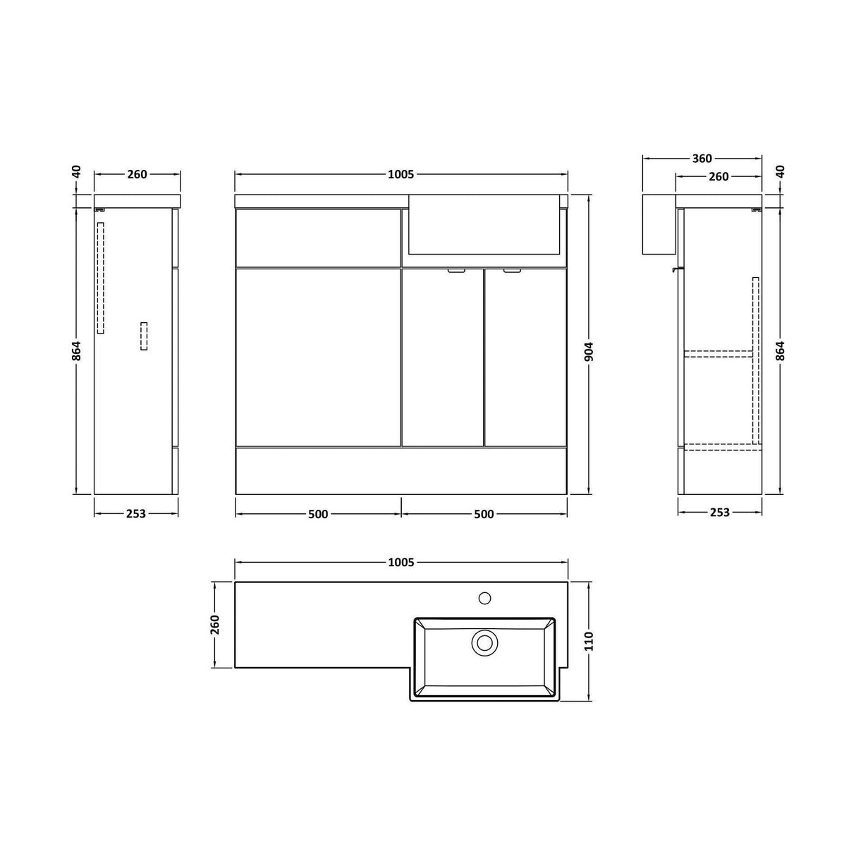 [BFDY3249] Alrewas Contemporary Floor Standing Vanity WC Combination Unit with Semi-Recessed Basin, Right Hand, 1000mm, Choice of Colour - Technical Drawing