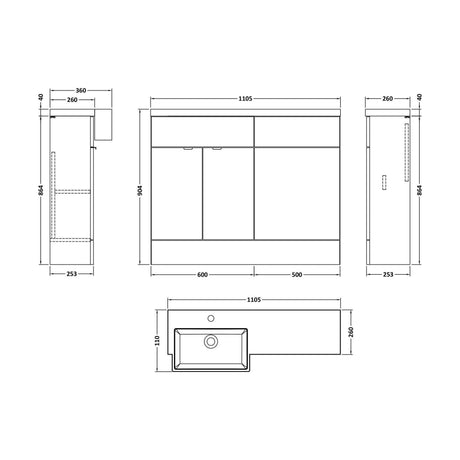 [BFDY3250] Alrewas Contemporary 2 Door Left-Hand Floor Standing Combination Unit with Basin, Pebble Grey, 1100mm - Technical Drawing