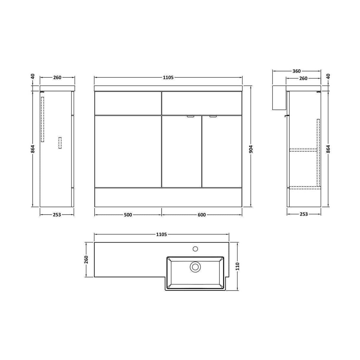 [BFDY3251] Alrewas Contemporary 2 Door Right-Hand Floor Standing Combination Unit with Basin, Pebble Grey, 1100mm - Technical Drawing