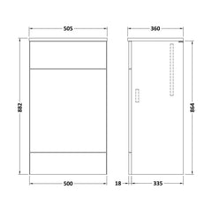 [BFDY505A] Alrewas Contemporary Floor Standing WC Unit with Coordinating Worktop, 500mm, Choice of Colour - Technical Drawing
