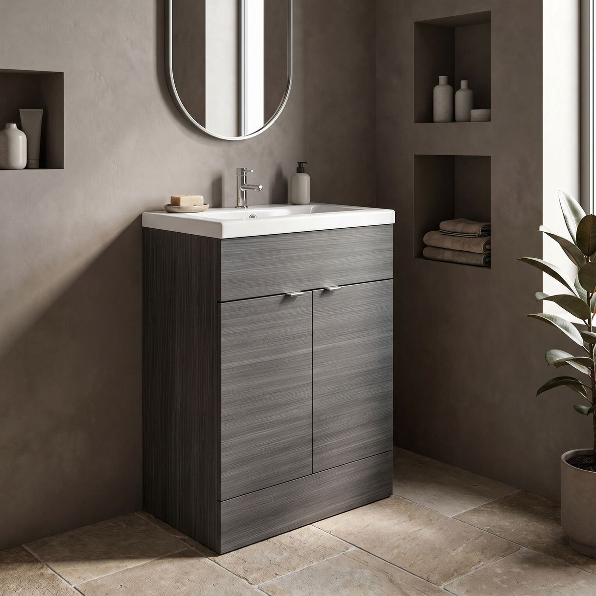 [BFDY507A] Alrewas Contemporary 2 Door Floor Standing Vanity Unit with Basin, 600mm, Choice of Colour