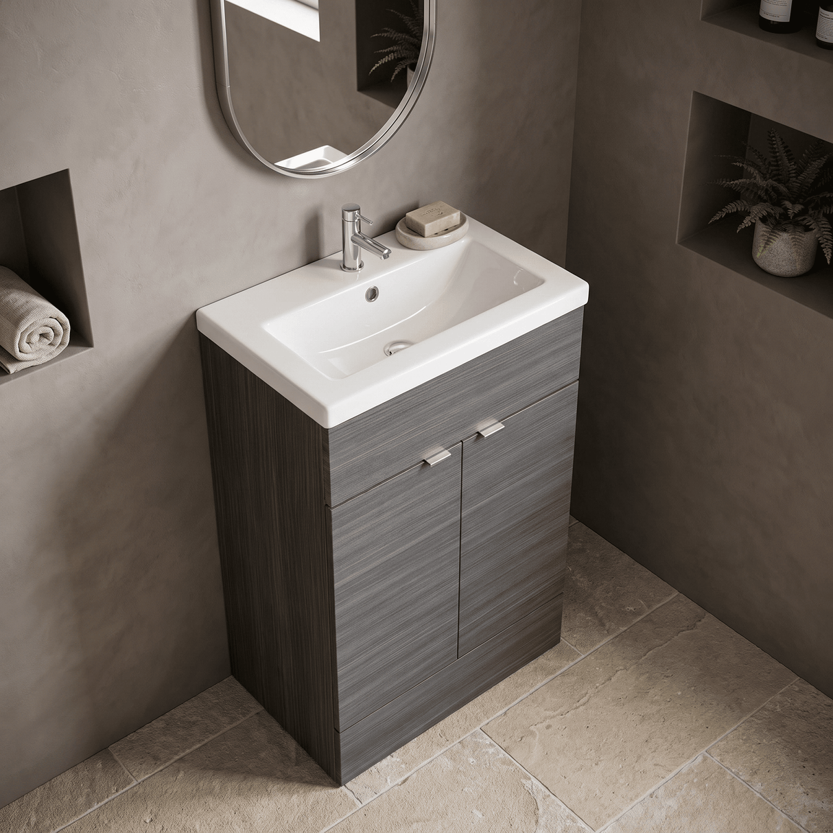 [BFDY507A] Alrewas Contemporary 2 Door Floor Standing Vanity Unit with Basin, 600mm, Choice of Colour