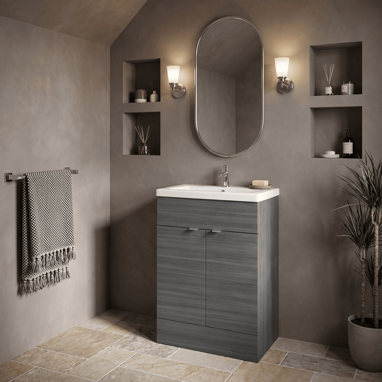 [BFDY507A] Alrewas Contemporary 2 Door Floor Standing Vanity Unit with Basin, 600mm, Choice of Colour