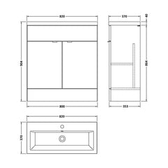 [BFDY528A] Alrewas Contemporary 2 Door Floor Standing Vanity Unit with Basin, 800mm, Choice of Colour - Technical Drawing