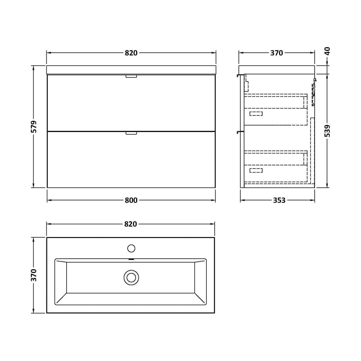 [BFDY531A] Alrewas Contemporary 2 Drawer Wall Hung Vanity Unit with Basin, 800mm, Choice of Colour - Technical Drawing