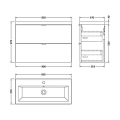 [BFDY531A] Alrewas Contemporary 2 Drawer Wall Hung Vanity Unit with Basin, 800mm, Choice of Colour - Technical Drawing