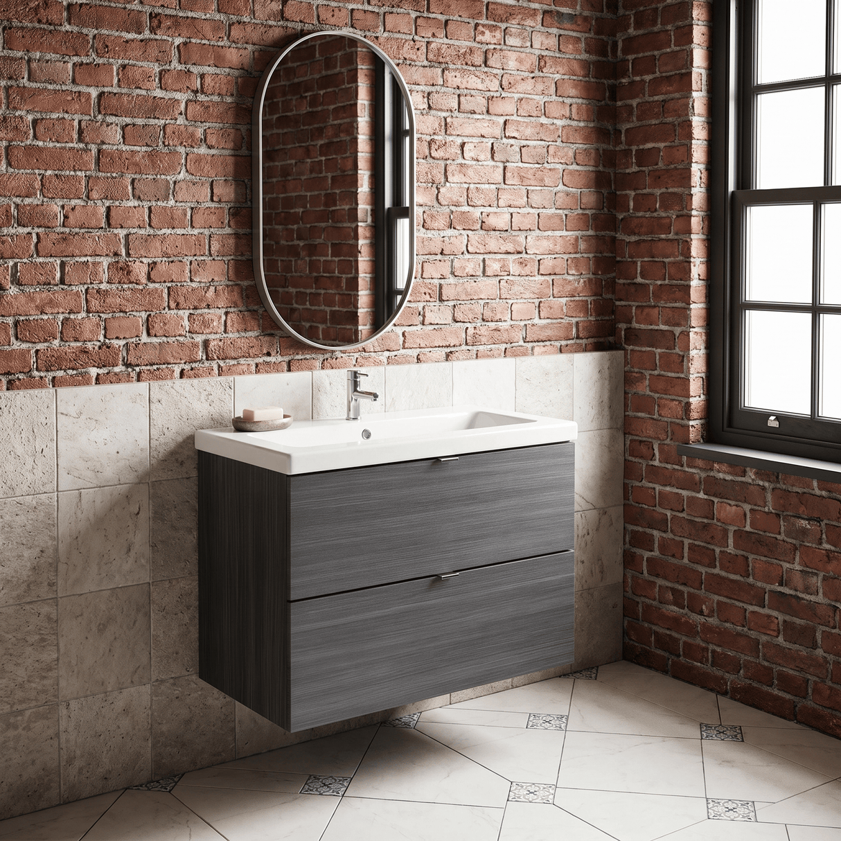 [BFDY531A] Alrewas Contemporary 2 Drawer Wall Hung Vanity Unit with Basin, 800mm, Choice of Colour - Silo