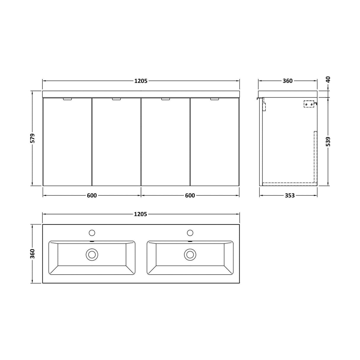 [BFDY533A] Alrewas Contemporary 2 Door Wall Hung Vanity Unit with Basin, Anthracite Woodgrain, 1200mm - Technical Drawing