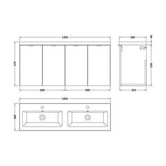 [BFDY533A] Alrewas Contemporary 2 Door Wall Hung Vanity Unit with Basin, Anthracite Woodgrain, 1200mm - Technical Drawing