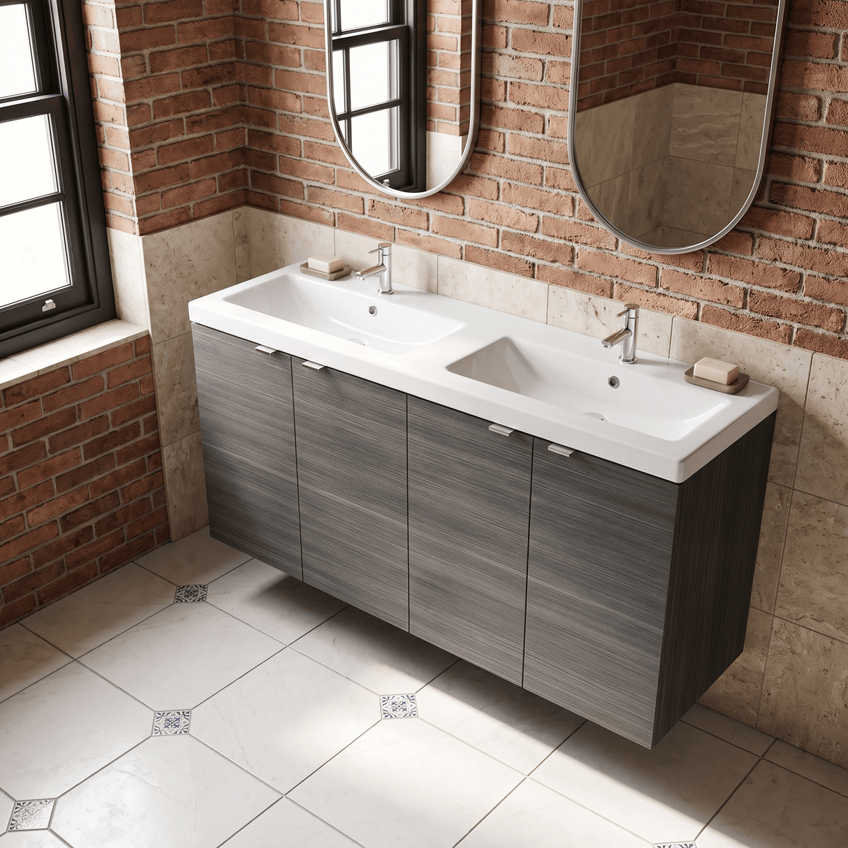 [BFDY533A] Alrewas Contemporary 2 Door Wall Hung Vanity Unit with Basin, Anthracite Woodgrain, 1200mm - Lifestyle 2