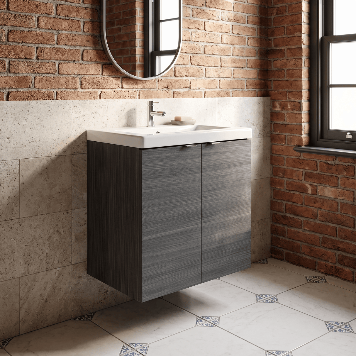 [BFDY536A] Alrewas Contemporary 2 Door Wall Hung Vanity Unit with Basin, Anthracite Woodgrain, 600mm - Lifestyle 1