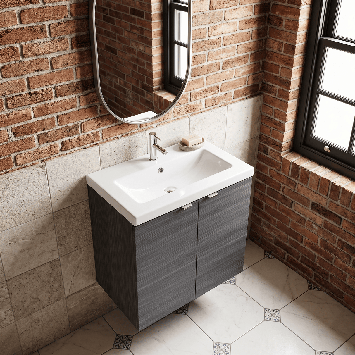 [BFDY536A] Alrewas Contemporary 2 Door Wall Hung Vanity Unit with Basin, Anthracite Woodgrain, 600mm - Lifestyle 2