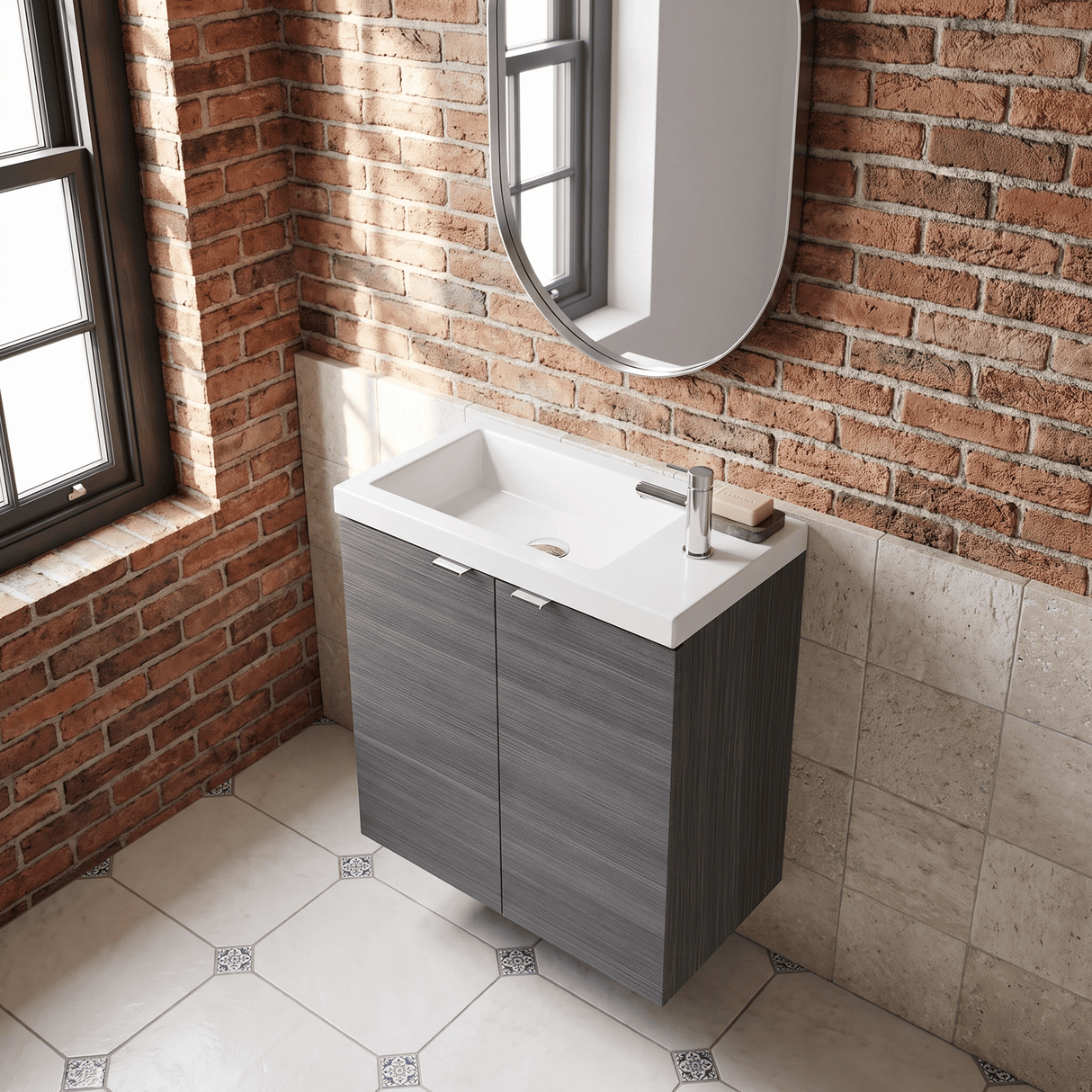 [BFDY538] Alrewas Contemporary 2 Door Wall Hung Vanity Unit with Basin, Anthracite Woodgrain, 500mm - Lifestyle 2