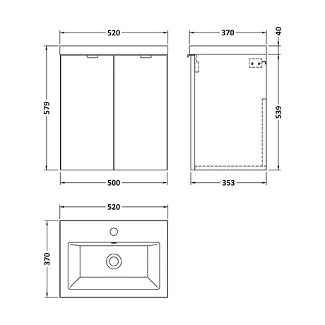 [BFDY540A] Alrewas Contemporary 2 Door Wall Hung Vanity Unit with Basin, Anthracite Woodgrain, 500mm - Technical Drawing