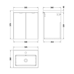 [BFDY540] Alrewas Contemporary 2 Door Wall Hung Vanity Unit with Polymarble Basin, 500mm, Choice of Colour - Technical Drawing