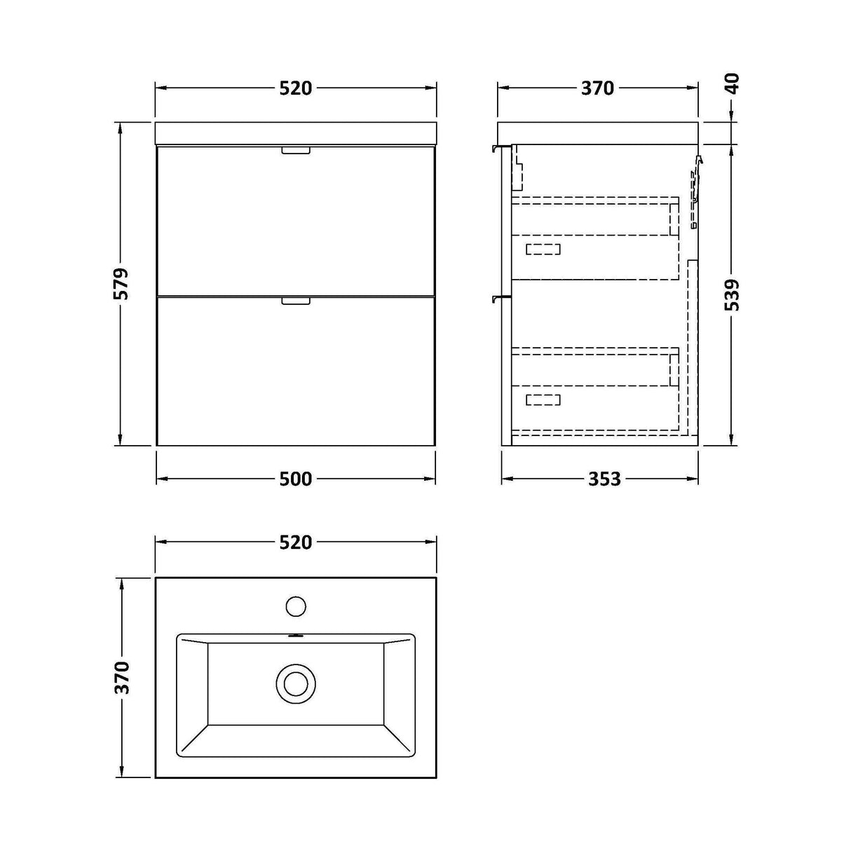 [BFDY541A] Alrewas Contemporary 2 Drawer Wall Hung Vanity Unit with Ceramic Basin, 500mm, Choice of Colour - Technical Drawing
