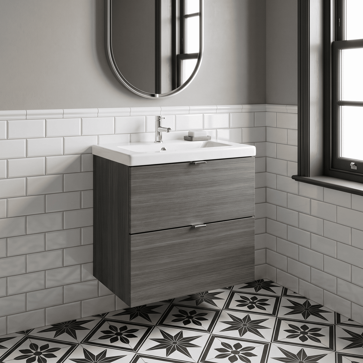[BFDY541A] Alrewas Contemporary 2 Drawer Wall Hung Vanity Unit with Ceramic Basin, 500mm, Choice of Colour