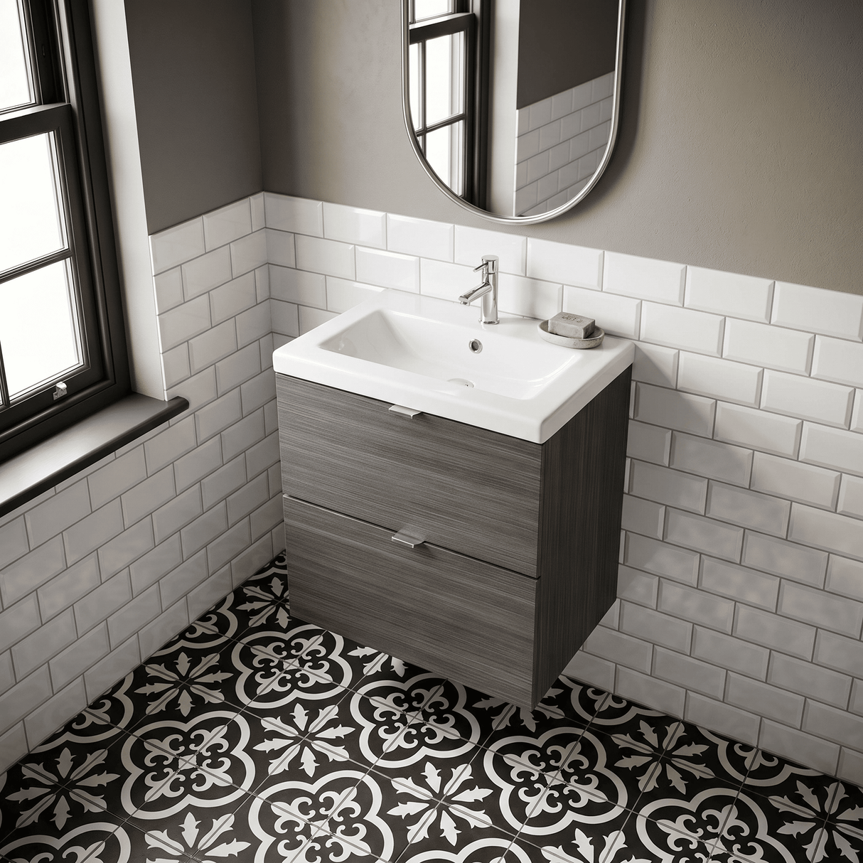 [BFDY541A] Alrewas Contemporary 2 Drawer Wall Hung Vanity Unit with Ceramic Basin, 500mm, Choice of Colour