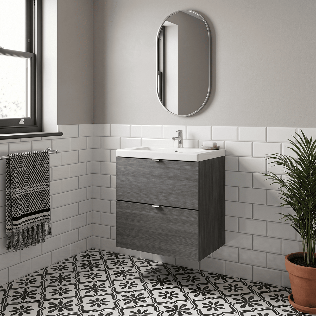 [BFDY541A] Alrewas Contemporary 2 Drawer Wall Hung Vanity Unit with Ceramic Basin, 500mm, Choice of Colour