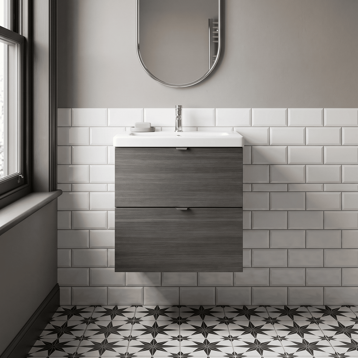 [BFDY541A] Alrewas Contemporary 2 Drawer Wall Hung Vanity Unit with Ceramic Basin, 500mm, Choice of Colour - Silo
