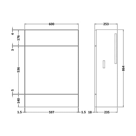 [BFDY547] 600 WC Unit (255mm Deep) - Technical Drawing