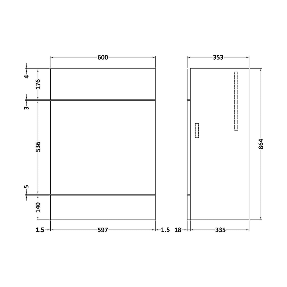 [BFDY548] 600 WC Unit (355mm Deep) - Technical Drawing