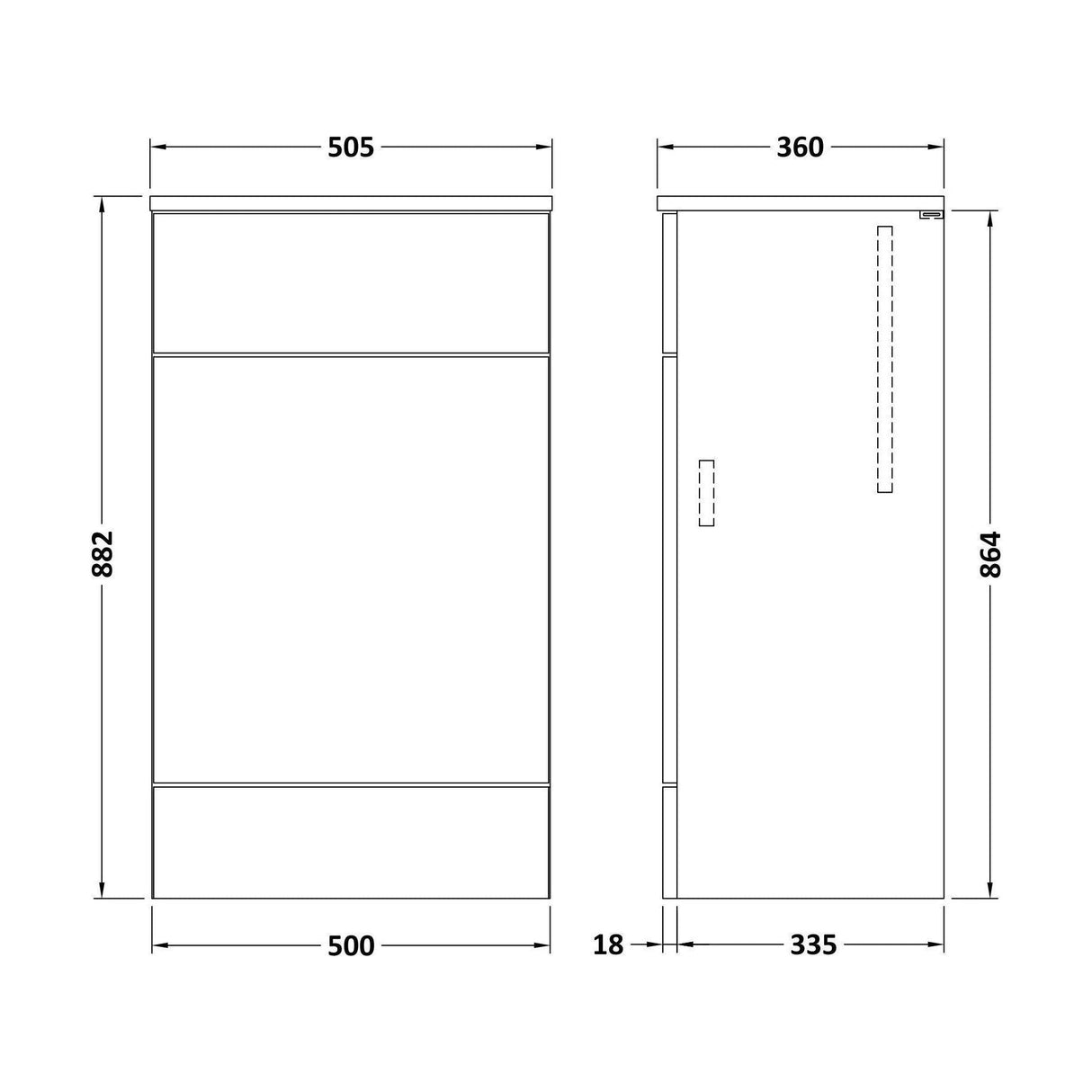 [BFDY605A] Alrewas Contemporary Floor Standing WC Unit with Coordinating Worktop, 500mm, Choice of Colour - Technical Drawing