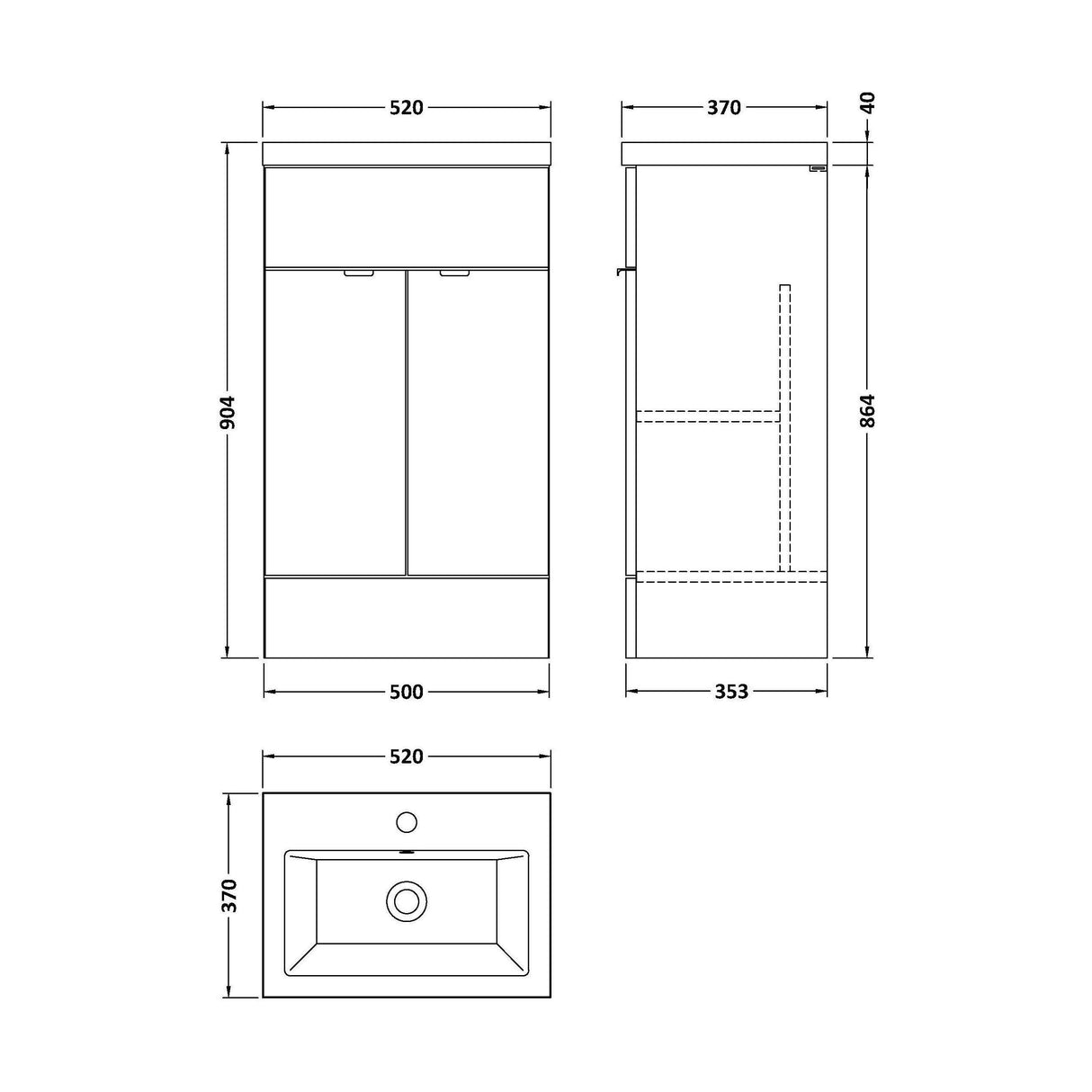 [BFDY624A] Alrewas Contemporary 2 Door Floor Standing Vanity Unit with Basin, 500mm, Choice of Colour - Technical Drawing