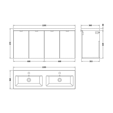 [BFDY633A] Alrewas Contemporary 2 Door Wall Hung Vanity Unit with Basin, Charcoal Black, 1200mm - Technical Drawing