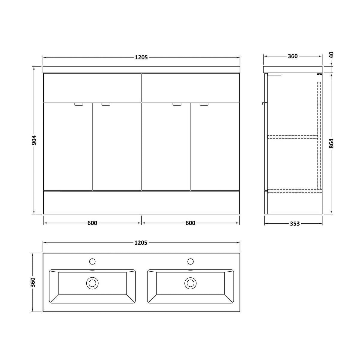 [BFDY634A] Alrewas Contemporary 2 Door Floor Standing Vanity Unit with Basin, 1200mm, Choice of Colour - Technical Drawing