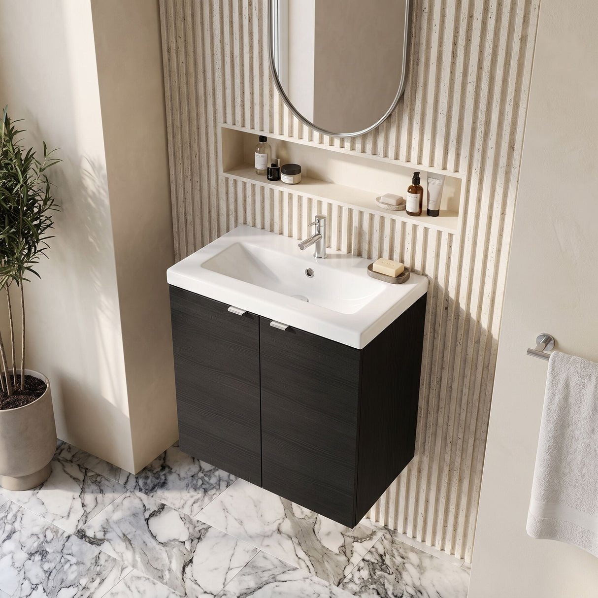 [BFDY636A] Alrewas Contemporary 2 Door Wall Hung Vanity Unit with Basin, Charcoal Black, 600mm - Lifestyle 2
