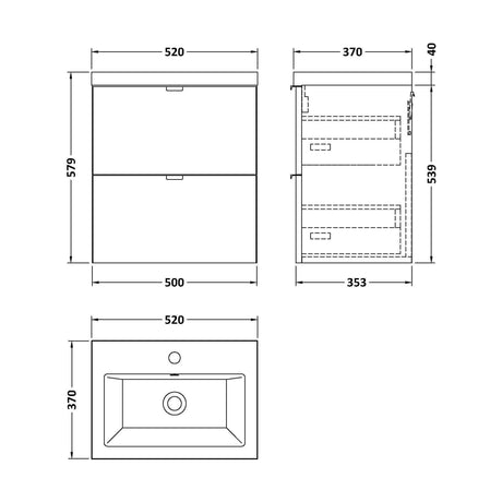[BFDY641A] Alrewas Contemporary 2 Drawer Wall Hung Vanity Unit with Basin, Charcoal Black, 500mm - Technical Drawing