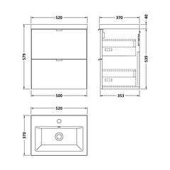 [BFDY641A] Alrewas Contemporary 2 Drawer Wall Hung Vanity Unit with Ceramic Basin, 500mm, Choice of Colour - Technical Drawing