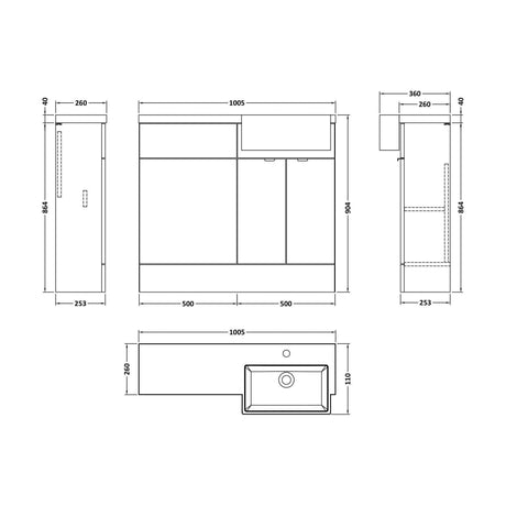 [BFDY649] Alrewas Contemporary 2 Door Right-Hand Floor Standing Combination Unit with Basin, Charcoal Black, 1000mm - Technical Drawing