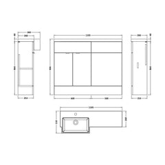 [BFDY650] Alrewas Contemporary Floor Standing Vanity WC Combination Unit with Semi-Recessed Basin, Left Hand, 1100mm, Choice of Colour - Technical Drawing