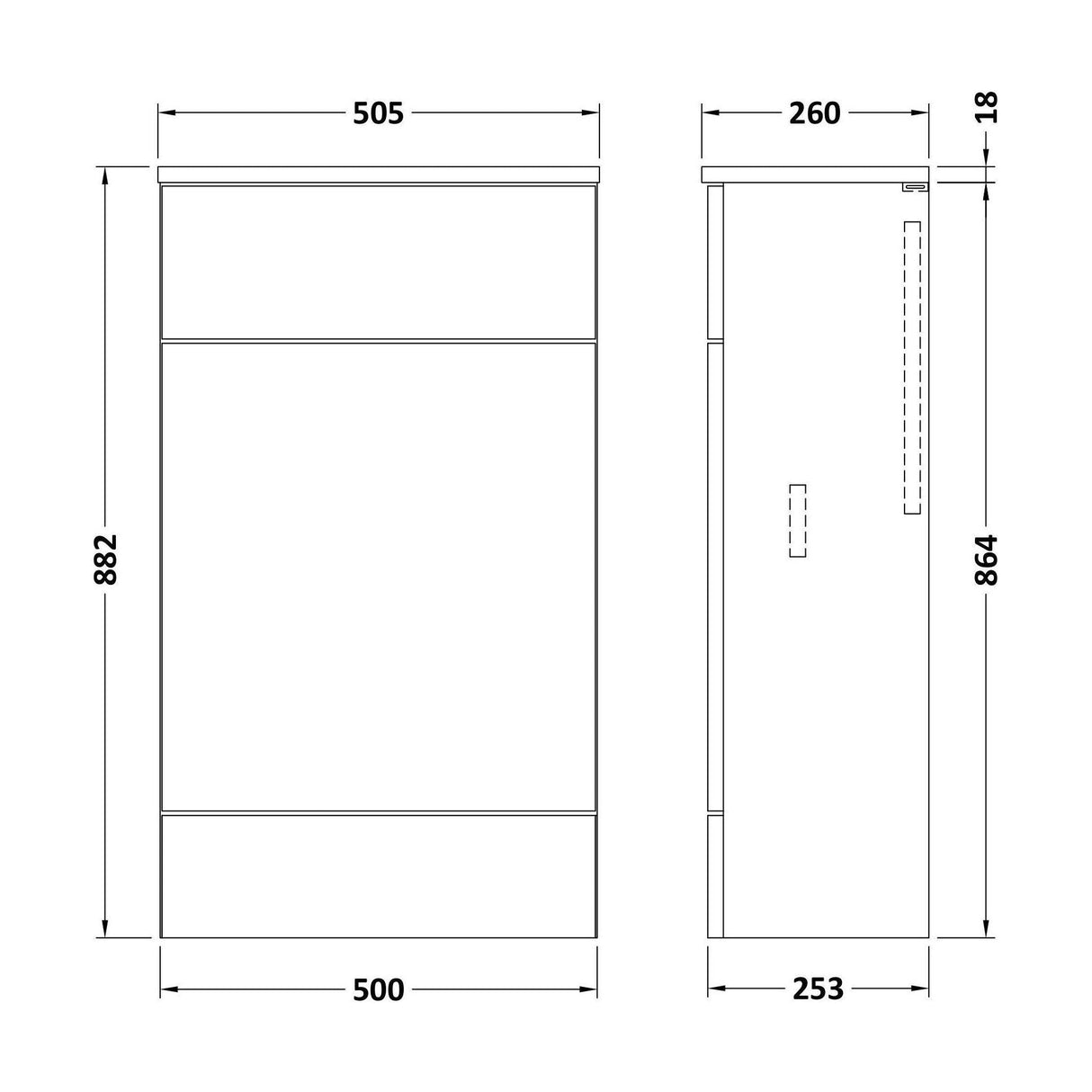 [BFDY904A] Alrewas Contemporary Floor Standing WC Unit with Coordinating Worktop, 500mm, Choice of Colour - Technical Drawing