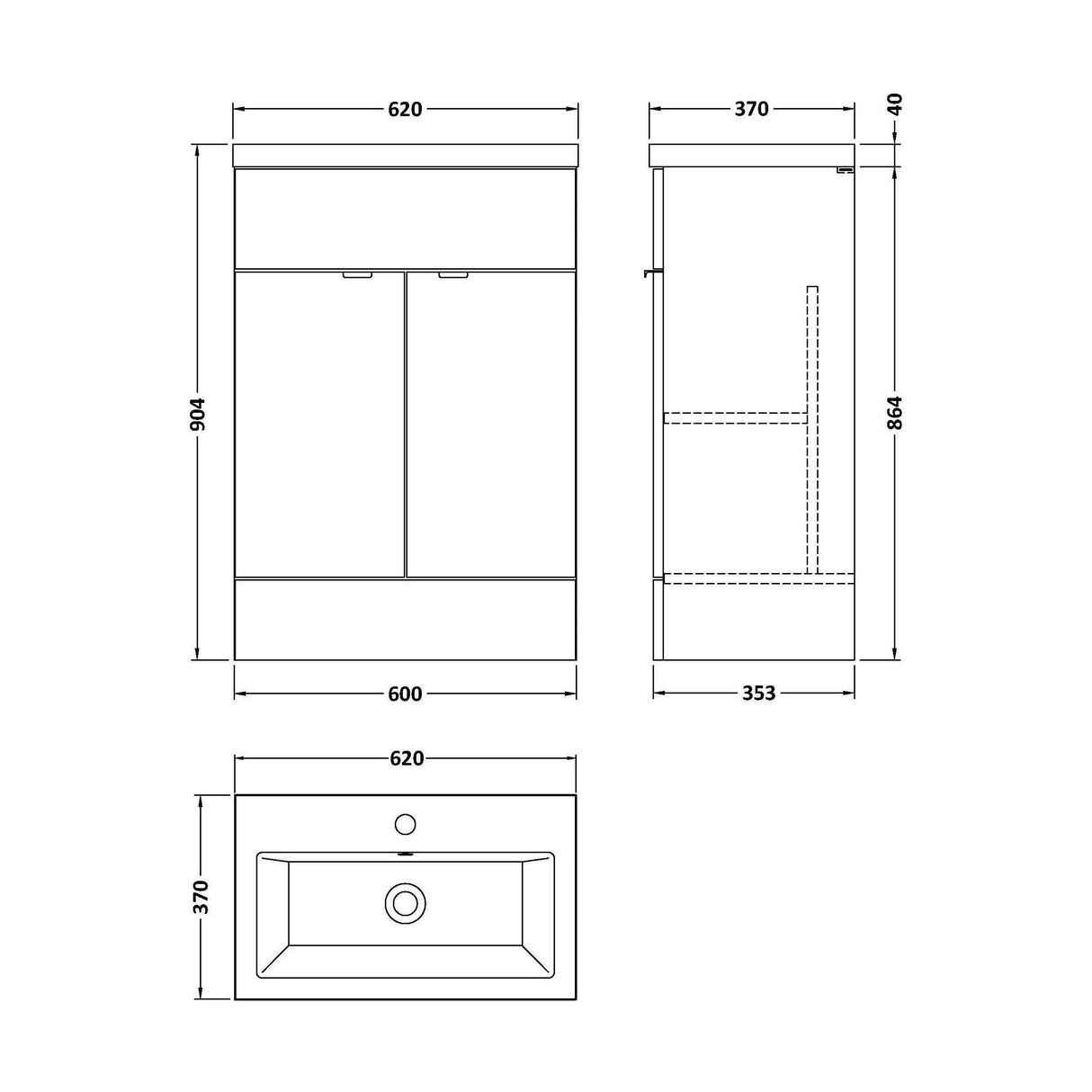 [BFDY907A] Alrewas Contemporary 2 Door Floor Standing Vanity Unit with Basin, 600mm, Choice of Colour - Technical Drawing