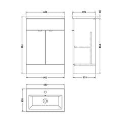 [BFDY907A] Alrewas Contemporary 2 Door Floor Standing Vanity Unit with Basin, 600mm, Choice of Colour - Technical Drawing