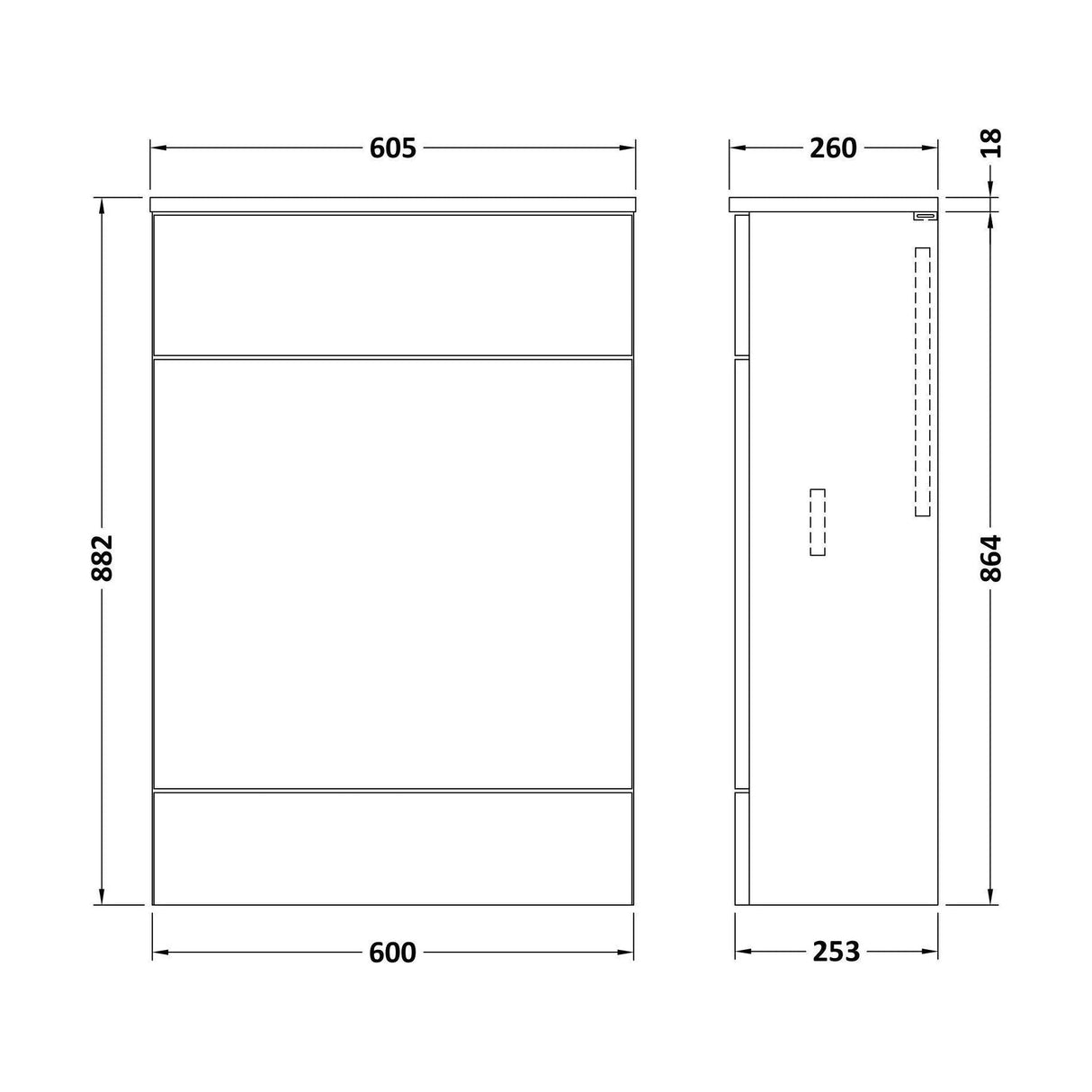 [BFDY919A] Alrewas Contemporary Floor Standing Compact WC Unit with Worktop, 600mm, Choice of Colour - Technical Drawing