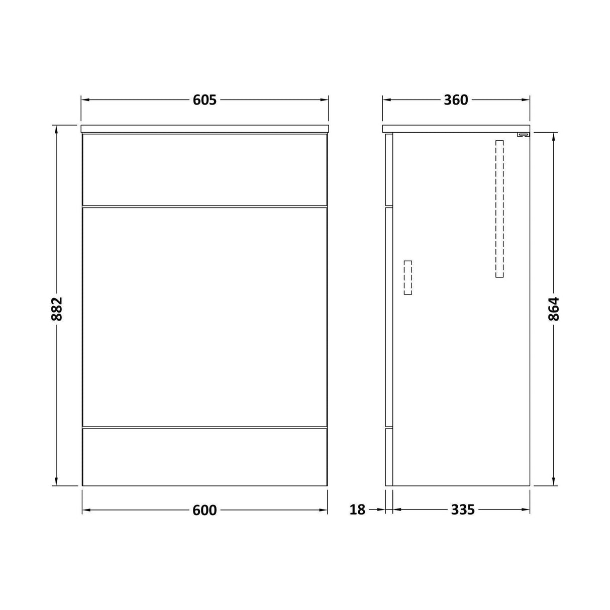 [BFDY920A] Alrewas Contemporary Floor Standing WC Unit with Coordinating Worktop, 600mm, Choice of Colour - Technical Drawing