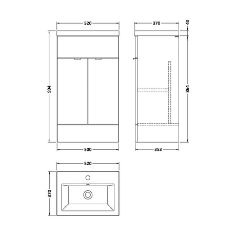 [BFDY924A] Alrewas Contemporary 2 Door Floor Standing Vanity Unit with Basin, Gloss Grey, 500mm - Technical Drawing