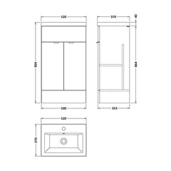 [BFDY924A] Alrewas Contemporary 2 Door Floor Standing Vanity Unit with Basin, 500mm, Choice of Colour - Technical Drawing