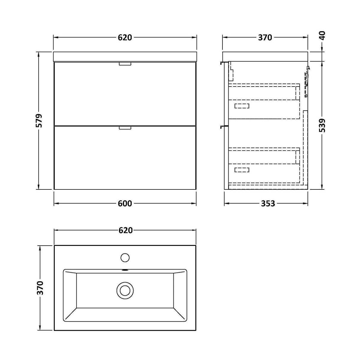 [BFDY930A] Alrewas Contemporary 2 Drawer Wall Hung Vanity Unit with Basin, 600mm, Choice of Colour - Technical Drawing