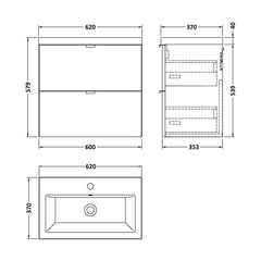 [BFDY930A] Alrewas Contemporary 2 Drawer Wall Hung Vanity Unit with Basin, 600mm, Choice of Colour - Technical Drawing