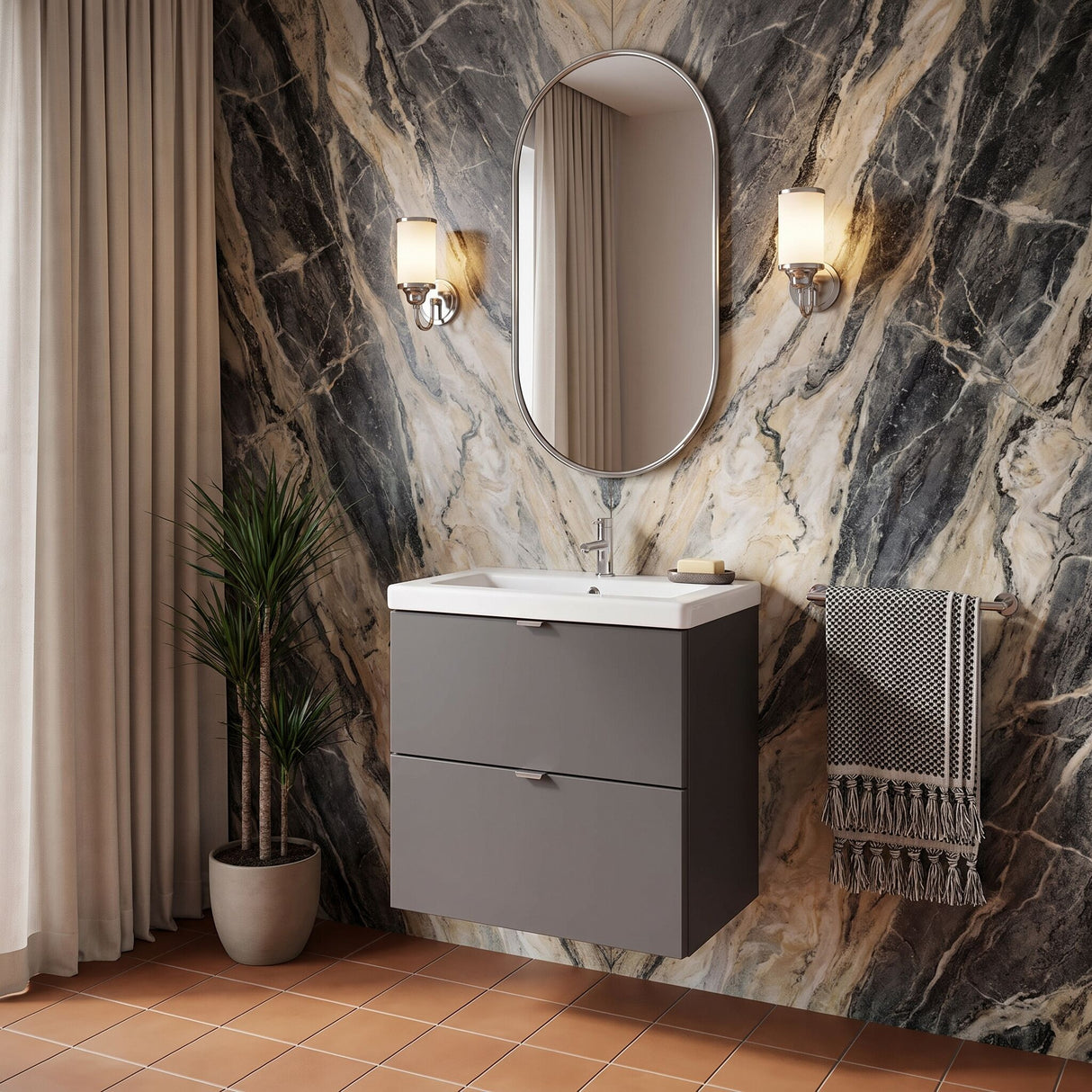 [BFDY930A] Alrewas Contemporary 2 Drawer Wall Hung Vanity Unit with Basin, 600mm, Choice of Colour