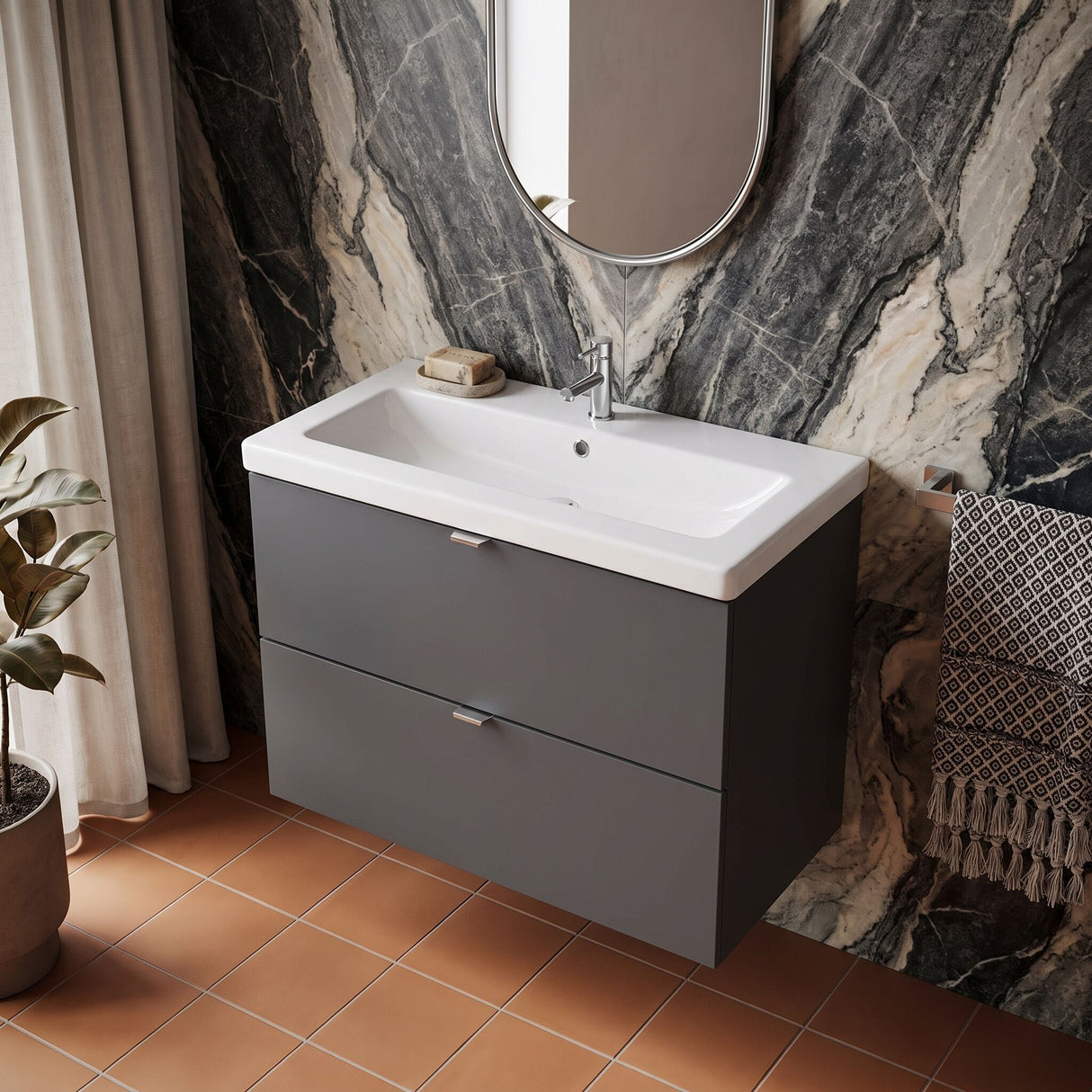[BFDY931A] Alrewas Contemporary 2 Drawer Wall Hung Vanity Unit with Basin, 800mm, Choice of Colour
