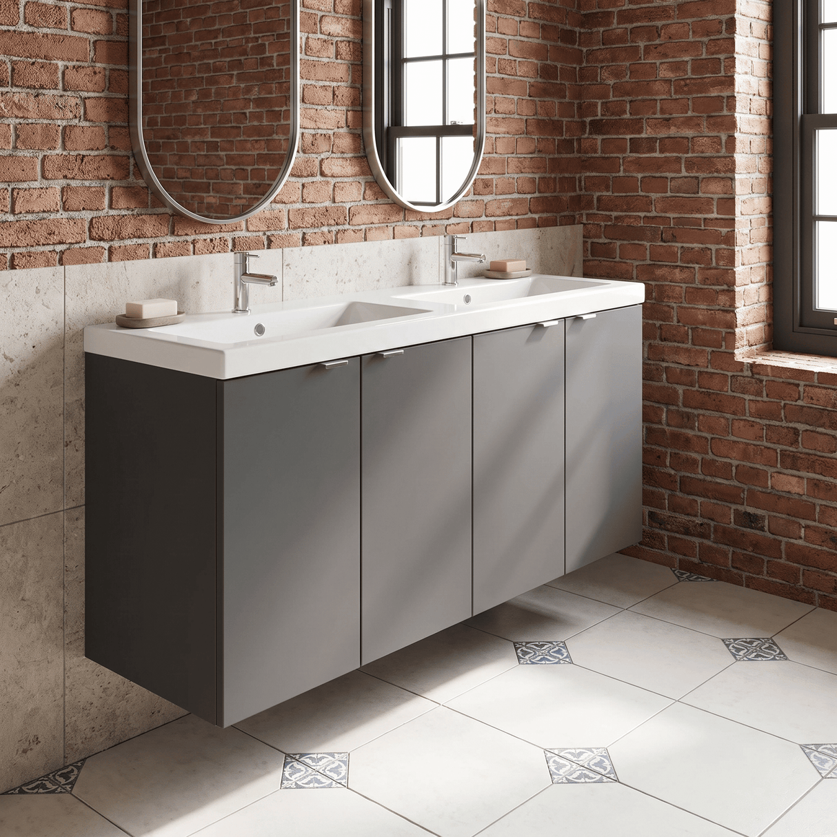 [BFDY933A] Alrewas Contemporary 2 Door Wall Hung Vanity Unit with Basin, Gloss Grey, 1200mm - Lifestyle 1