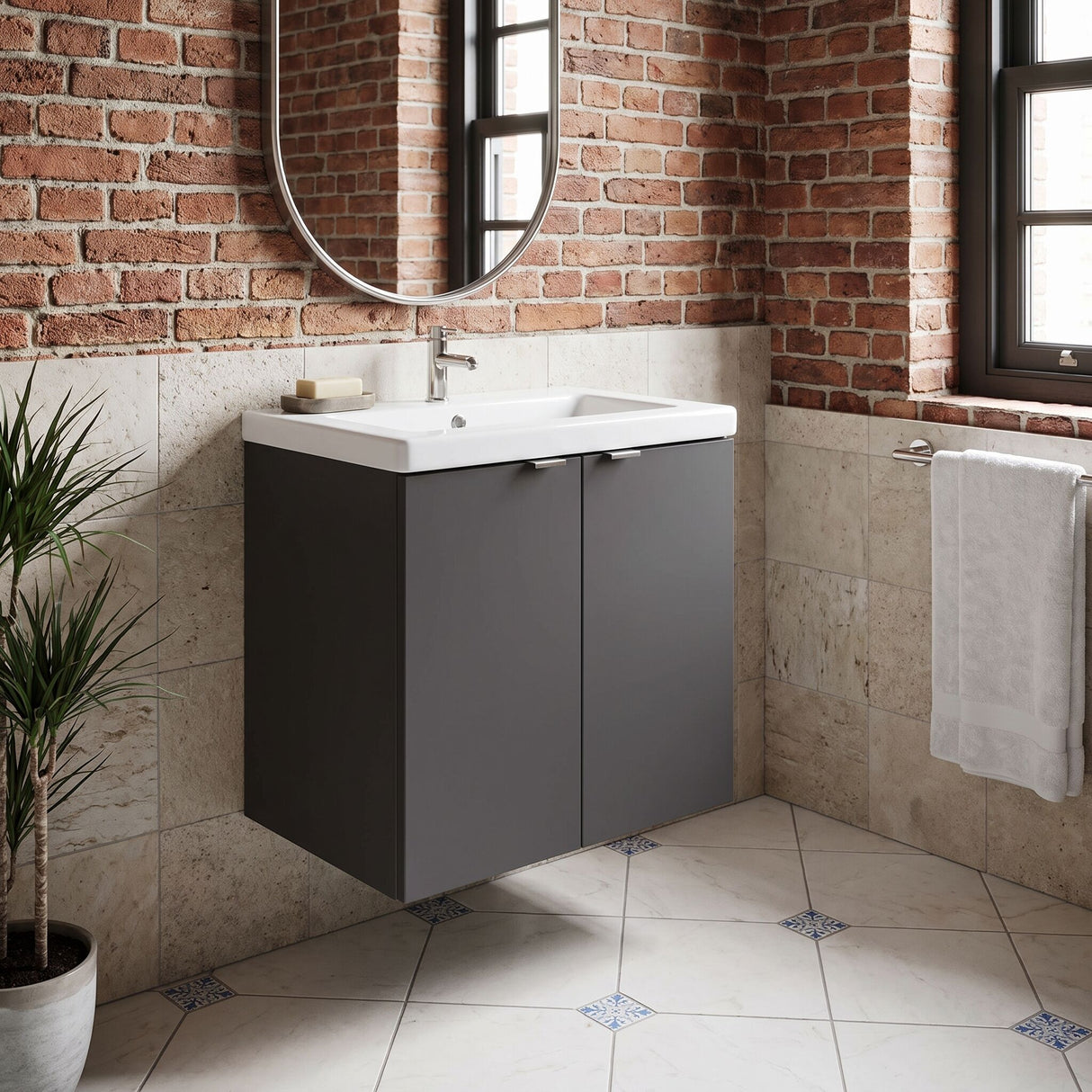 [BFDY936A] Alrewas Contemporary 2 Door Wall Hung Vanity Unit with Basin, Gloss Grey, 600mm - Lifestyle 1